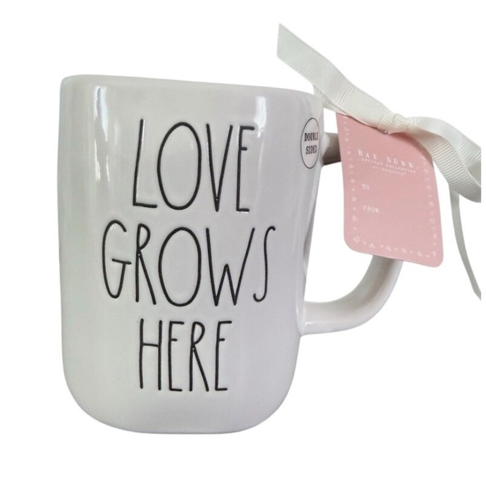 Rae Dunn‎ Love Grows Here Mug OS White NEW Double Sided Heart Floral